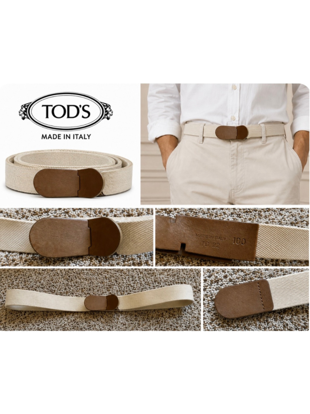 Men's Tod's Canvas & Leather Belt, Beige and Brown, Vintage New 199cm/40in